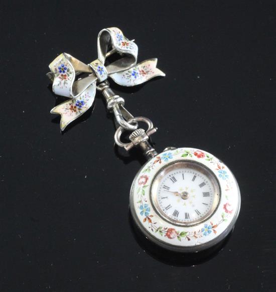 An early 20th century Swiss silver and enamel fob watch and bow brooch, overall 2.75in.